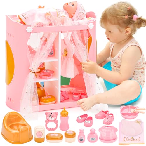 deAO Puppen Spielset mit Kleiderschrank, 30cm Babypuppe mit Kleidung Puppenschrank Schrank & 15 Zubehörteilen Puppenzubehör für Rollenspiel & Geschenk für Mädchen deAO Puppen Spielset mit Kleiderschrank, 30cm Babypuppe mit Kleidung Puppenschrank Schrank & 15 Zubehörteilen Puppenzubehör für Rollenspiel & Geschenk für Mädchen von deAO
