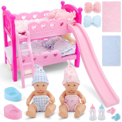 deAO Puppenbett und Twin Puppe Set, 13-teiliges Puppen Zubehör mit Puppen Doppel-Hochbett, Zwillingspuppen, Decke und Kissen, Puppenflasche, Babypuppen Spielset Geschenk für Mädchen ab 3 Jahre deAO Puppenbett und Twin Puppe Set, 13-teiliges Puppen Zubehör mit Puppen Doppel-Hochbett, Zwillingspuppen, Decke und Kissen, Puppenflasche, Babypuppen Spielset Geschenk für Mädchen ab 3 Jahre von deAO
