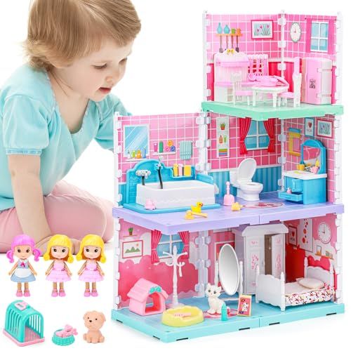 deAO Puppenhaus Traumhaus für Mädchen, 3 In 1 Dollhouse Stadthaus mit 3 Spielzeugfiguren 3 Zimmer und Möbelstücken Zubehör, Dreamhouse Spielhaus Spielraum Puppen Spielzeug für Kinder ab 3 deAO Puppenhaus Traumhaus für Mädchen, 3 In 1 Dollhouse Stadthaus mit 3 Spielzeugfiguren 3 Zimmer und Möbelstücken Zubehör, Dreamhouse Spielhaus Spielraum Puppen Spielzeug für Kinder ab 3 von deAO