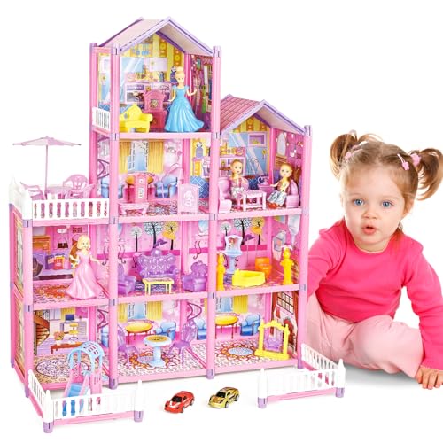 deAO Puppenhaus Traumhaus für Mädchen, Dollhouse Stadthaus mit Spielzeugfiguren und Möbelstücken Zubehör, Traumhaus Spielhaus DIY BAU Spielraum Puppen Spielzeug für Kinder ab 3 Jahren von deAO