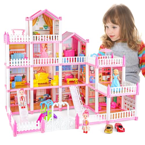 deAO Puppenhaus Traumhaus für Mädchen, Mein erstes Puppenhaus, Vierstöckiges 13-Zimmer-Puppenhaus-Spielset Prinzessinnenschloss mit Möbeln und Zubehör DIY-Bauspielzimmer für Kinder von deAO