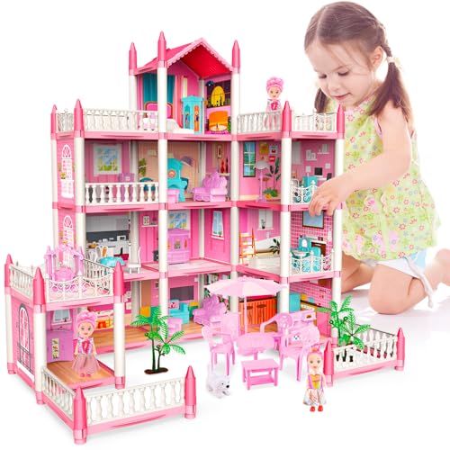 deAO Puppenhaus für Mädchen, Dollhouse Traumhaus Kleinkinder Haus 4 Puppen Möbel Zubehör Traumhaus Spielhaus Spielraum Puppen Spielzeug für Kinder ab 3 Jahren von deAO