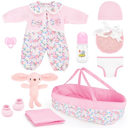 deAO Puppenkleidung mit Stubenwagen, 11-teiliges Set Baby-Puppen-Kleidung für 30-43 cm Baby Puppen, Süßes Baby Kleidung, Enthält Kleidung, Wiege, Mütze, Flasche und mehr, Geschenke für Mädchen Kinder von deAO