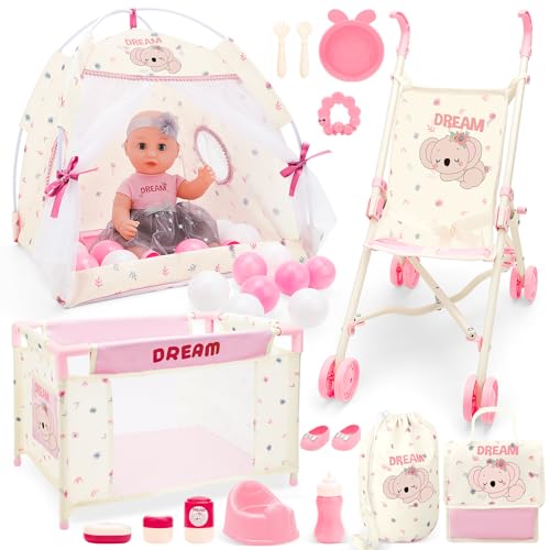 deAO Puppenset mit Puppenwagen Bett & Zelt – 5-in-1 Babypuppe Rollenspielset 36cm Babypuppe mit Zubehör Spielset für Kinder ab 3 Jahre Rollenspiel Mädchen Geschenk deAO Puppenset mit Puppenwagen Bett & Zelt – 5-in-1 Babypuppe Rollenspielset 36cm Babypuppe mit Zubehör Spielset für Kinder ab 3 Jahre Rollenspiel Mädchen Geschenk von deAO