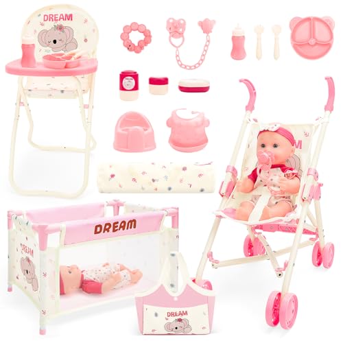 deAO Puppenwagen Set für Mädchen, Babypuppen-Set mit Puppenwagen, Bett, Hochstuhl, 30cm Puppe & Zubehör, Babypuppen-Kinderwagen-Set für Realistisches Rollenspiel, Geschenk für Mädchen ab 3 Jahren deAO Puppenwagen Set für Mädchen, Babypuppen-Set mit Puppenwagen, Bett, Hochstuhl, 30cm Puppe & Zubehör, Babypuppen-Kinderwagen-Set für Realistisches Rollenspiel, Geschenk für Mädchen ab 3 Jahren von deAO