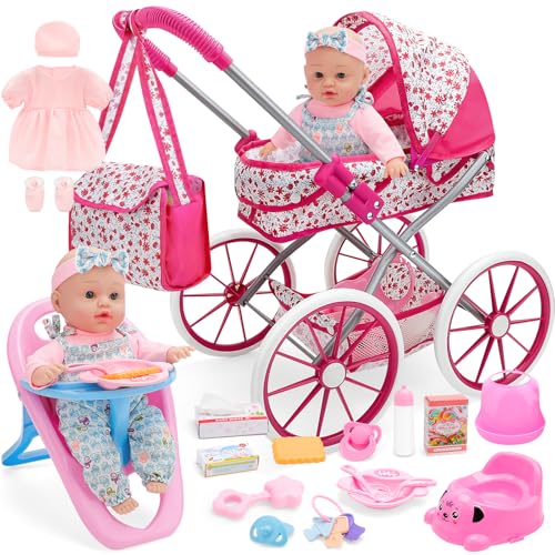 deAO Puppenwagen Set mit Babypuppe 30cm, Kinderwagen Höhe 51cm Puppen Buggy mit Hochstuhl, Tasche, Töpfchen, Spielgeschirr, Kleidung & Zubehör Rollenspiel Geschenk ab 3 Jahre für Mädchen deAO Puppenwagen Set mit Babypuppe 30cm, Kinderwagen Höhe 51cm Puppen Buggy mit Hochstuhl, Tasche, Töpfchen, Spielgeschirr, Kleidung & Zubehör Rollenspiel Geschenk ab 3 Jahre für Mädchen von deAO