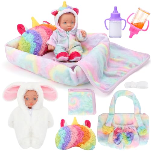 deAO Puppenzubehör für Baby Puppe, Baby Puppen Zubehörset mit 8”New Born Spielpuppe, Handtasche, 2 Overall Puppenkleidung, Stubenwagen, 2 Magische Flasche, 20cm Puppen Geschenk Mädchen 3 4 5 6 Jahre von deAO