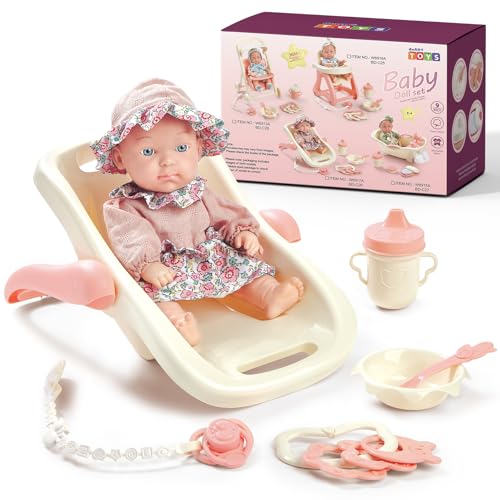 deAO Reborn Babypuppen Neugeborene Baby Puppe, 23cm 9 Zoll Großen Realistische Spielpuppe mit Puppen Bett Wiege und Puppenfütterung Zubehör, Baby Puppen Spielset Geschenk für Kinder von deAO