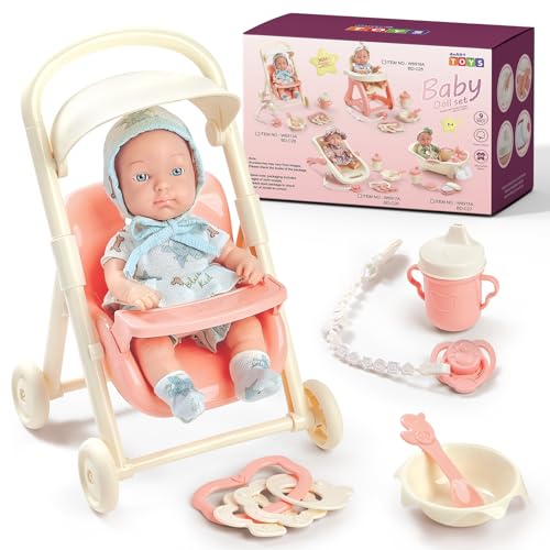 deAO Reborn Babypuppen Neugeborene Baby Puppe, 23cm 9 Zoll Großen Realistische Spielpuppe mit Puppenwagen und Puppenfütterung Zubehör, Baby Puppen Spielset Geschenk für Kinder von deAO