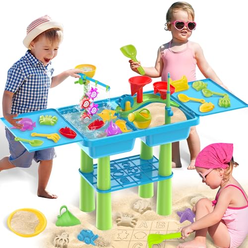 deAO Sand-Wasser-Tabelle für Kinder, 3 in 1 Wasserspieltisch für Kinder und Angelspiel, 26 Teiligem Zubehör inkl Sandschaufel, Wasserrad, Spieltisch mit Deckel Sandspielzeug ab 2 3 4 Jahr (Blau) von deAO