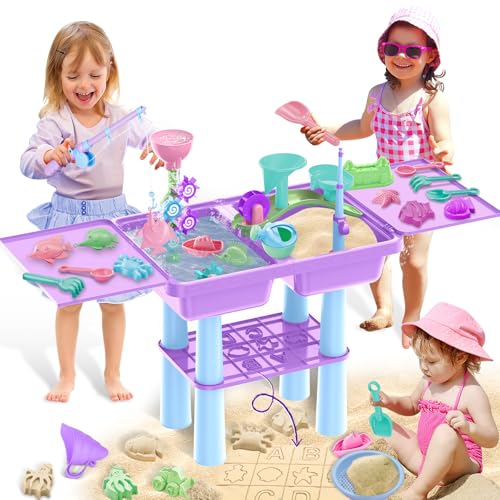 deAO Sand-Wasser-Tabelle für Kinder, 3 in 1 Wasserspieltisch für Kinder und Angelspiel, 26 Teiligem Zubehör inkl Sandschaufel, Wasserrad, Spieltisch mit Deckel Sandspielzeug ab 2 3 4 Jahr (Lila) von deAO