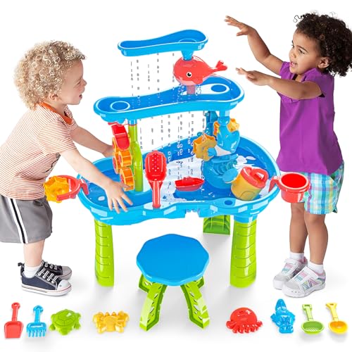 deAO Groß Sand Wassertisch mit 13 Stück Zubehörset, Wasserkocher, Eimer, Sandform, Rechen, Schaufel, Garten Wasser Spieltisch, Draußen Strand Aktivität Tisch Kinder von deAO