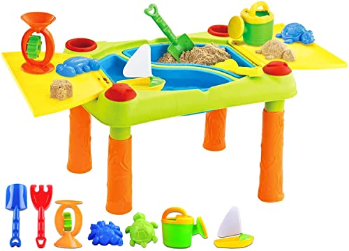 deAO Sand und Wasser Outdoor Aktivitäten Spieltisch für Kinder mit Doppelfach, Deckel und über 10 Zubehörteilen, Mehrfarbig, 100 x 48 x 46 Centimeters von deAO