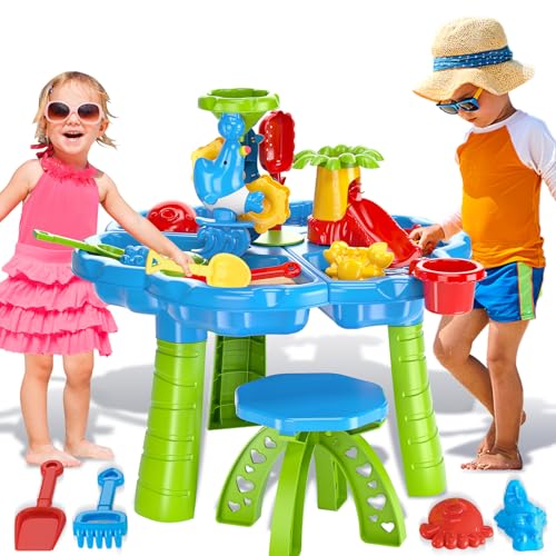 deAO Sandwassertisch,Kinder-Strand-Sommerspielzeug, Sandkasten-Tisch für Outdoor-Aktivitäten, 4-in-1-Sensor-Spieltisch mit Stuhl, Formen, Eimer, Schaufel für Kleinkinder im Alter von 3–5 Jahren von deAO