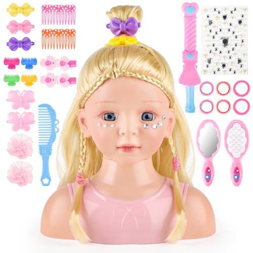 deAO Schminkpuppe Frisierkopf für Kinder, 23cm Schminkkopf Puppe Langen Blonden Haaren mit Schminke und Haarstyling Zubehör, Styling Head Make-up Head für Mädchen ab 3 Jahren von deAO