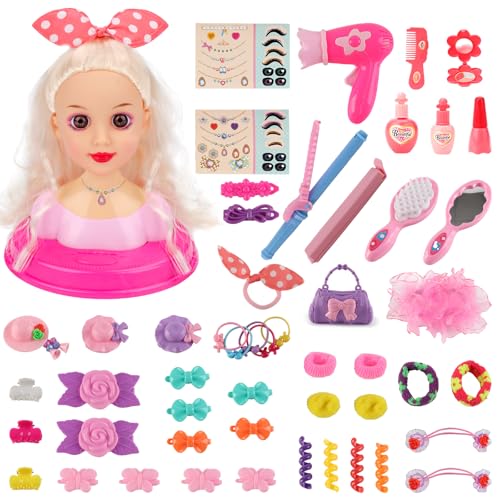 deAO Schminkpuppe Frisierkopf für Kinder, Frisierkopfpuppe mit Haartrockner Frisierpuppenkopf für Prinzessinnenpuppen Zubehör für Haare & Make-up, Spielzeug für Mädchen ab 3 Jahren von deAO