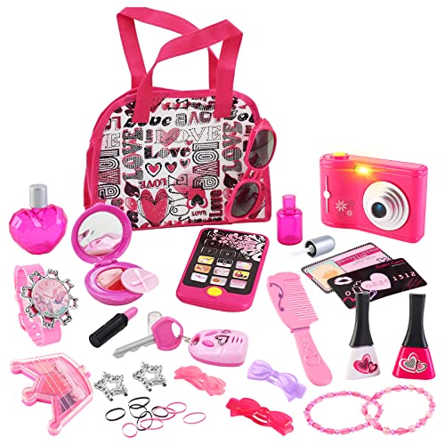 deAO Schminktasche Beauty-Set für Mädchen, 33 Teilige Kinder Schminkset Make Up Spielzeug mit Handtasche, Kamera, Handy, Prinzessinnen-Set für Mädchen von deAO