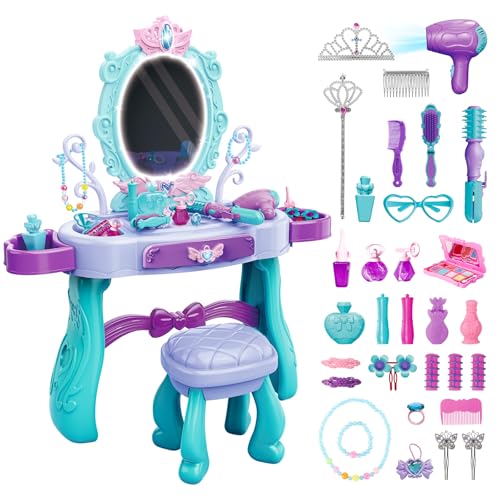 deAO Schminktisch Frisiertisch für Mädchen mit Hocker und Licht, 31 Stücke Princess Schönheitsstudio Frisiersalon Kinderschminke Set, mit Styling-Zubehör Friseur Set für Kinder ab 3 Jahren von deAO