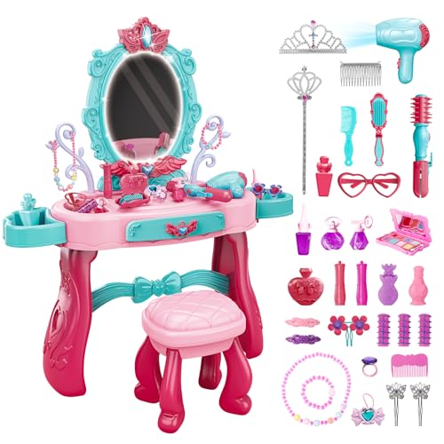 deAO Schminktisch Frisiertisch für Mädchen mit Hocker und Licht, 31 Stücke Princess Schönheitsstudio Frisiersalon Kinderschminke Set, mit Styling-Zubehör Friseur Set für Kinder ab 3 Jahren von deAO