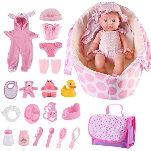 deAO Spielzeug Baby 33 cm große Neugeborene Babypuppe mit Kleidung und Puppentragetasche, realistische Alive-Reborn Babypuppen mit Fütterungs- und Pflegeset, Baby Wachstumspuppenzubehör für Kinder von deAO