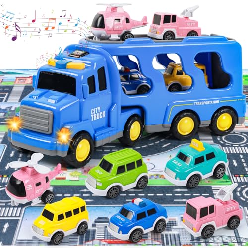 deAO Kleinkind LKW Spielzeug für 3 4 5 6 Jahre, 7 IN1 Träger LKW Transport Stadtfahrzeuge mit 6 Mini-Autos und 1 Karte, Licht & Musik, Kleinkinder Reibung Power Set deAO Kleinkind LKW Spielzeug für 3 4 5 6 Jahre, 7 IN1 Träger LKW Transport Stadtfahrzeuge mit 6 Mini-Autos und 1 Karte, Licht & Musik, Kleinkinder Reibung Power Set von deAO