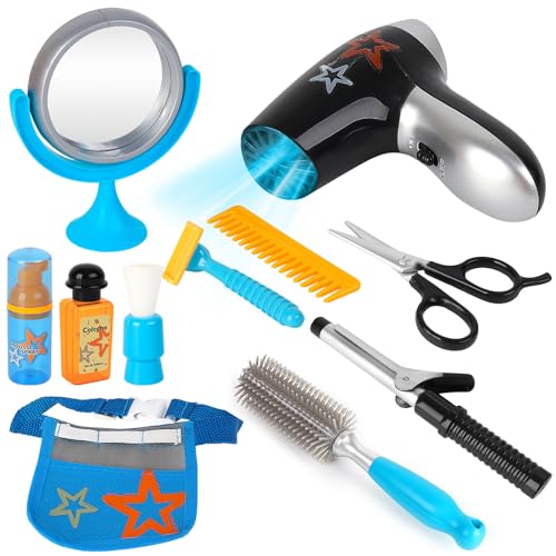 deAO Stylist Friseur Friseursalon Rollenspielset mit Haartrockner, Lockenstab und Styling-Zubehör inklusive für Kinder, Haarstyling-Set für Kinder (11stk) von deAO