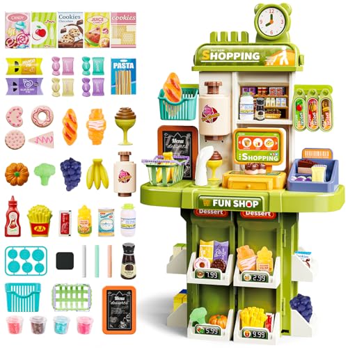 deAO Supermarkt Spielzeug fur Kinder - 48PCS Kaufladen Toy zubehör mit Kasse Scanner Obst Getränk Snacks,Einkaufsladen Play Set Pädagogisches Spielzeug für Kinder ab 3 Jahren (Grüner) von deAO