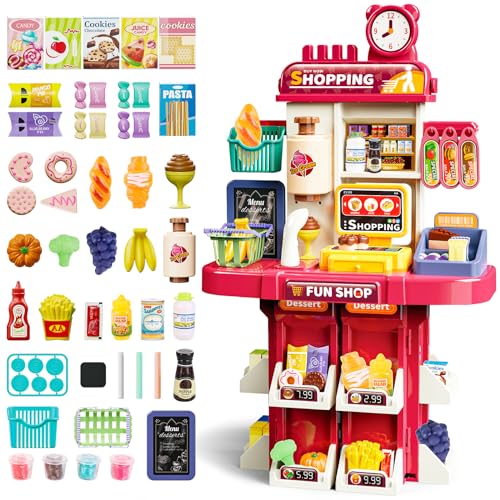 deAO Supermarkt Spielzeug fur Kinder - 48PCS Kaufladen Toy zubehör mit Kasse Scanner Obst Getränk Snacks,Einkaufsladen Play Set Pädagogisches Spielzeug für Kinder ab 3 Jahren (Rosa) von deAO