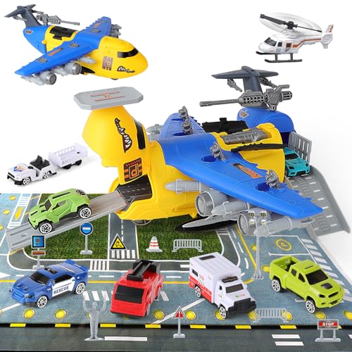 deAO Transport Flugzeug Spielzeug, Transport Cargo Flugzeug mit Auto Spielzeug Spiel Set Hubschrauber Verkehrszeichen Spielmatte, DIY Flugzeug Spielset mit Rampefür Kinder ab 3 Jahre Junge Mädchen von deAO