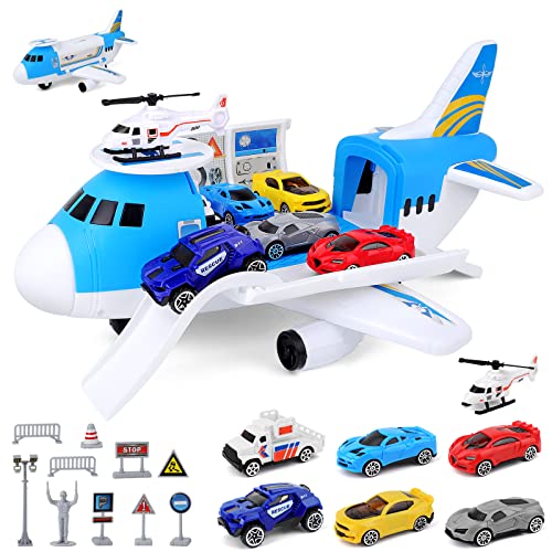 deAO Transport Flugzeug Spielzeug, 19Stck Transport Cargo Flugzeug mit Auto Spielzeug Spiel Set und Hubschrauber Verkehrszeichen, DIY Flugzeug Spielset mit Rampefür Kinder ab 2 3 Jahre Junge Mädchen von deAO