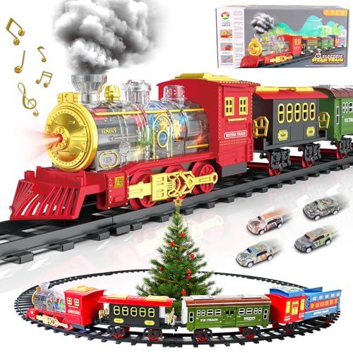 deAO Zug Weihnachtszug, Eisenbahn im Weihnachtsbaum, Zusammenklappbare Eisenbahnwagen, Eisenbahn Kinder elektrisch mit Scheinwerfer,Rauch, realistischen Klängen, Spielzeugeisenbahn-Set für Kinder(Rot) von deAO