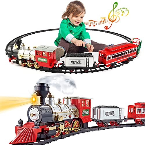 deAO Zug für Christbaum, Eisenbahn im Weihnachtsbaum, Eisenbahn Kinder elektrisch, mit Scheinwerfer, Rauch, realistischen Klängen, Spielzeugeisenbahn-Set für Kinder (Schwarz Silber) von deAO