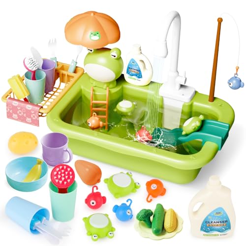 deAO Kinder Spielküchenspüle mit echtem Wasser – 2-in-1 Küchenspiel & Angelspiel,Küchen-Sets mit aufgerüstetem Wasserhahn, Lernspielzeug für Kinder ab 3 Jahren Geschenk für Jungen & Mädchen von deAO