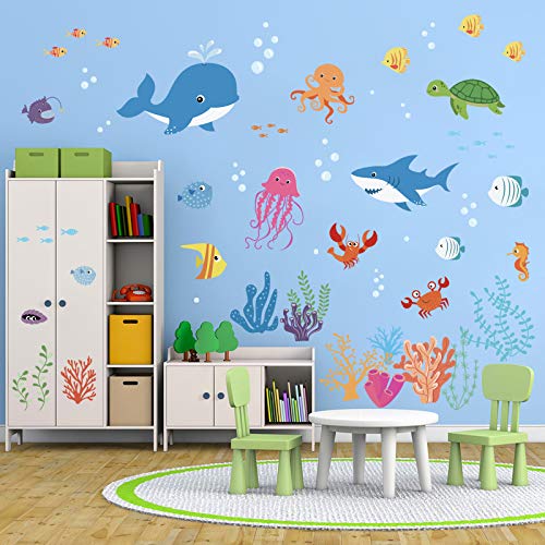 DecalMile Unter dem Meer Wandtattoo Bunt Meerestiere Delphin Fisch Wandsticker Entfernbarer Wandaufkleber Babyzimmer Wohnzimmer Schlafzimmer Kinderzimmer Wanddekoration von decalmile