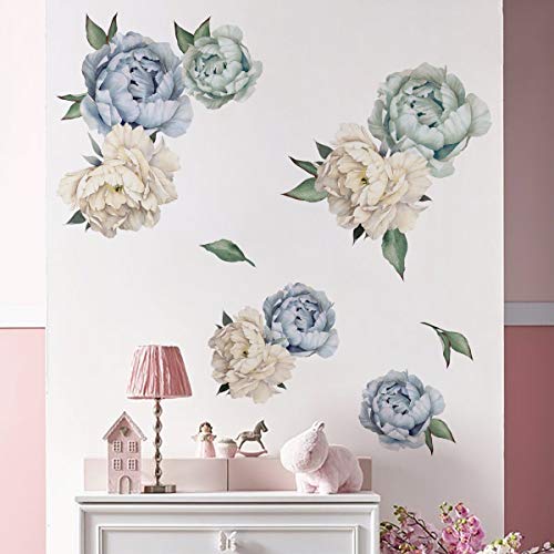 decalmile Wandtattoo Blumen Blau Wandsticker Pfingstrose Wandaufkleber Wohnzimmer Schlafzimmer TV Wand Wanddeko von decalmile