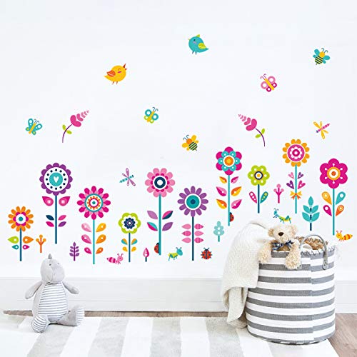 decalmile Wandtattoo Bordüre Bunte Blumen Wandsticker Schmetterlinge Kinderzimmer Wandaufkleber Babyzimmer Schlafzimmer Klassenzimmer Wanddeko von decalmile