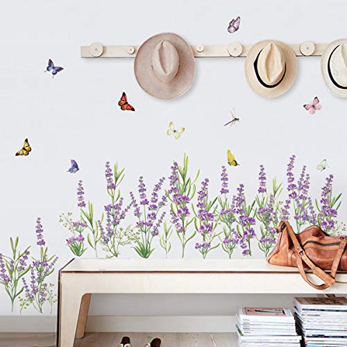 decalmile Wandtattoo Bordüre Lila Lavendel Blumen Wandsticker Blumenwiese Gras Wandaufkleber Wohnzimmer Schlafzimmer Wanddeko von decalmile