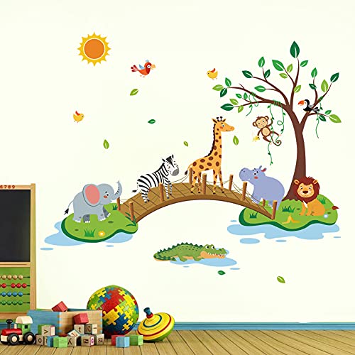 decalmile Wandtattoo Dschungel Tiere Baum Wandaufkleber Elefant Giraffe Löwe Gehen auf Brücke Wandsticker Babyzimmer Kinderzimmer Schlafzimmer Wanddeko von decalmile