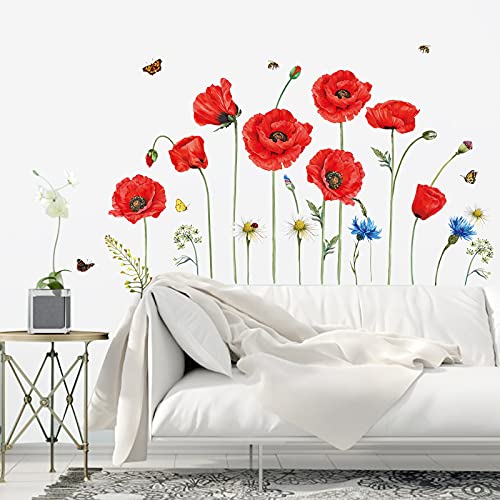 decalmile Wandtattoo Mohnblume Blume Rote Wandsticker Pflanzen Schmetterling Wandaufkleber Schlafzimmer Wohnzimmer Küche Wanddeko von decalmile