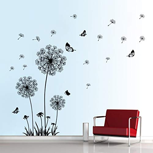 decalmile Wandtattoo Pusteblume Schmetterling Wandsticker Löwenzahn Wandaufkleber Wanddekoration für Wohnzimmer Schlafzimmer Flur (Schwarz) von decalmile