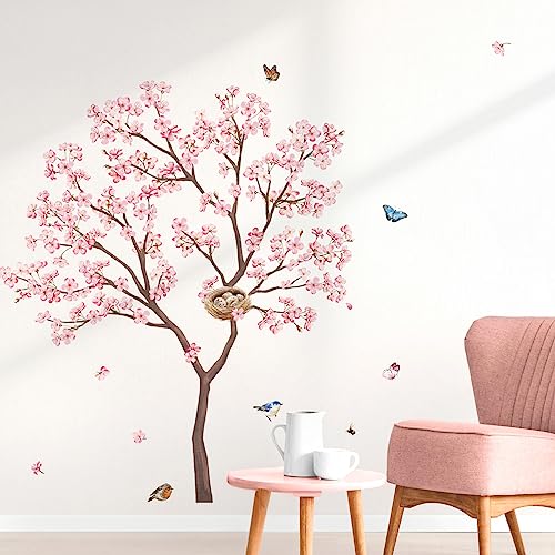 decalmile Wandtattoo Rosa Kirschblüte Wandsticker Vögeln auf Baum Wandaufkleber Blumen Rosa Wandsticker Wohnzimmer Schlafzimmer Büro Wanddeko(H:100cm) von decalmile