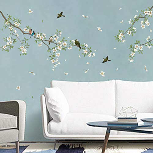 decalmile Wandtattoo Vögel auf Baum AST Wandsticker Blumen Weiß Wandaufkleber Wohnzimmer Schlafzimmer Sofa Hintergrund Wanddeko von decalmile