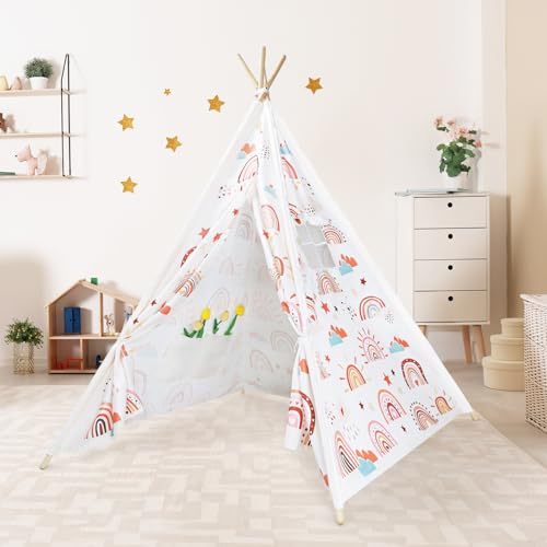 decalsweet Tipi Zelt für Kinder mit Kieferpfahl & Holz Stabilisierung & Niedliche Muster, Kinderzelt für Drinnen und Draussen, Zelt Kinderzimmer Spielzelt für Mädchen Jungen Bohemian Regenbogen Beige von decalsweet