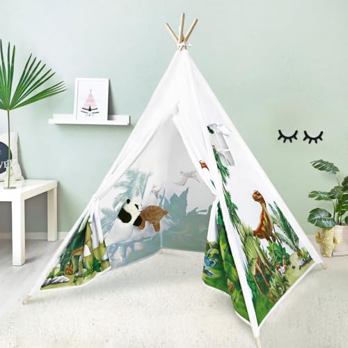 decalsweet Tipi Zelt für Kinder mit Kieferpfahl & Holz Stabilisierung & Niedliche Muster, Kinderzelt für Drinnen und Draussen, Zelt Kinderzimmer Spielzelt für Mädchen Jungen Dinosaurier Grün von decalsweet