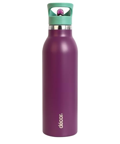 Décor - Snap n Seal Doppelwandige Edelstahlflasche | Auslaufsichere Flasche mit Strohhalm | Ideal für unterwegs, im Fitnessstudio und auf Reisen | 600ml, Dunkelviolett von décor