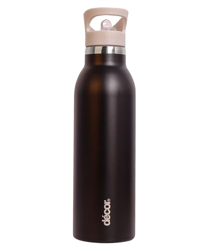 Décor - Snap n Seal Doppelwandige Edelstahlflasche | Auslaufsichere Flasche mit Strohhalm | Ideal für unterwegs, im Fitnessstudio und auf Reisen | 600ml, Schwarz von Décor