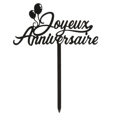 dekora - Cake Topper "Joyeux Anniversaire" - Tortenstecker Backdekoration - Lebensmittelechter Kunststoff Tortenaufleger - Schwarz - Größe 14 x 10 cm von dekora