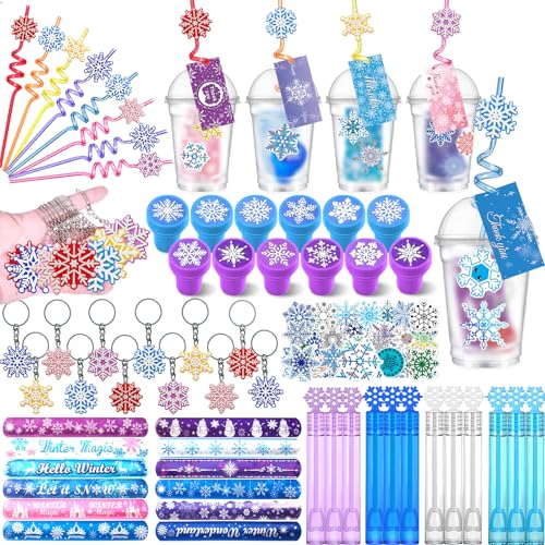 134 Stück Frozen Party Favors Frozen Birthday Supplies Frozen Filler Goodies Becher mit Geschenkanhängern gefüllt mit Frozen Themed Stampers Strohhalmen Schlüsselanhänger Slap Armbänder Aufkleber von delaimastor