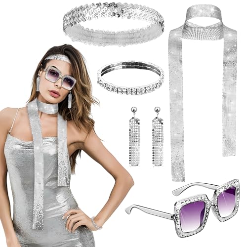 dellyy 6 Stück Disco Accessoires, 70er 80er Kostüm Zubehör Accessoires,70er Jahre Disco Outfit Damen Accessories,Disco Zubehör,Pailletten Ohrringe Stirnband Strass Armband Halskette Sonnenbrille von dellyy