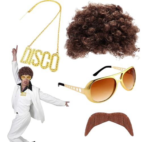 70er Jahre Bekleidung Herren,dellyy Hippie Kostüm Herren,70er 80er Jahre Perücke Disco Hippie Kostüm Set,Hippie Accessoires,Afro Perücke,Für Cosplay,Halloween,Karneval Kostüm Thema Party Usw (braun) von dellyy